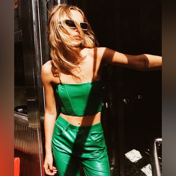 Zara Strapless Bustier Crop Top in Green Vegan Leather - Picture 2 of 9